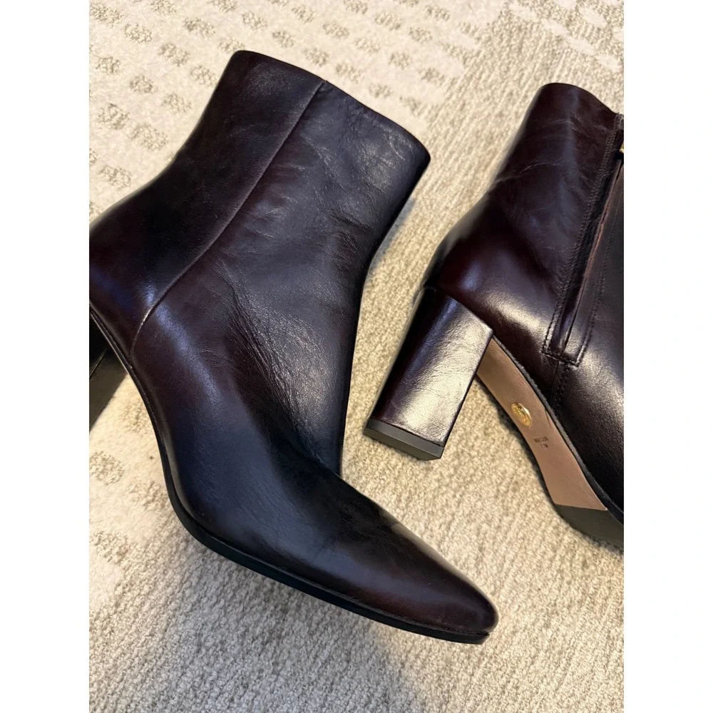 Veronica Beard Womens Burgundy Leather Square Toe Block Heel Ankle Boots 7.5M